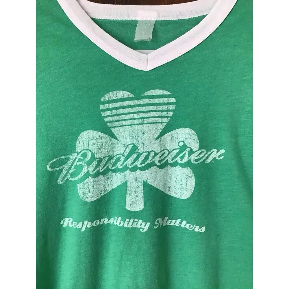 Rare Saint Patricks Day 1980’s Budweiser Vintage Ringer T-shirt Shamrock Sz M - Picture 3 of 5